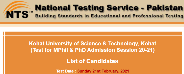 Kohat University KUST Admission NTS Entry Test Result 2023 21st February