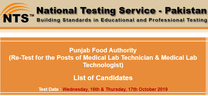 Punjab Food Authority Medical Lab Technician, Technologist NTS Test Result 2024