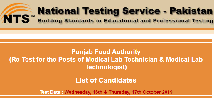 Punjab Food Authority Medical Lab Technician, Technologist NTS Test Result 2023