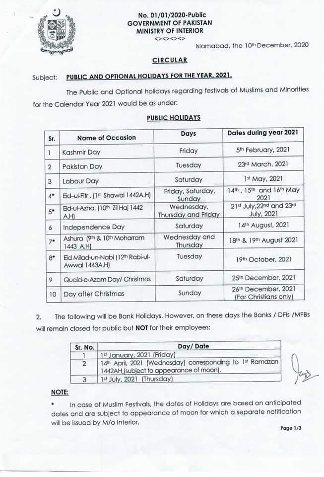 Eid Holidays 2025 Pakistan Notification Pdf