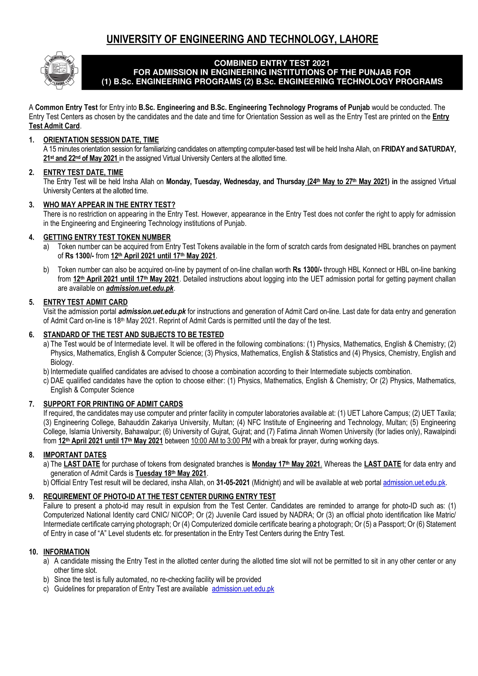 UET Lahore ECAT Entry Test Date 2024 Token Branches, Engineering Schedule