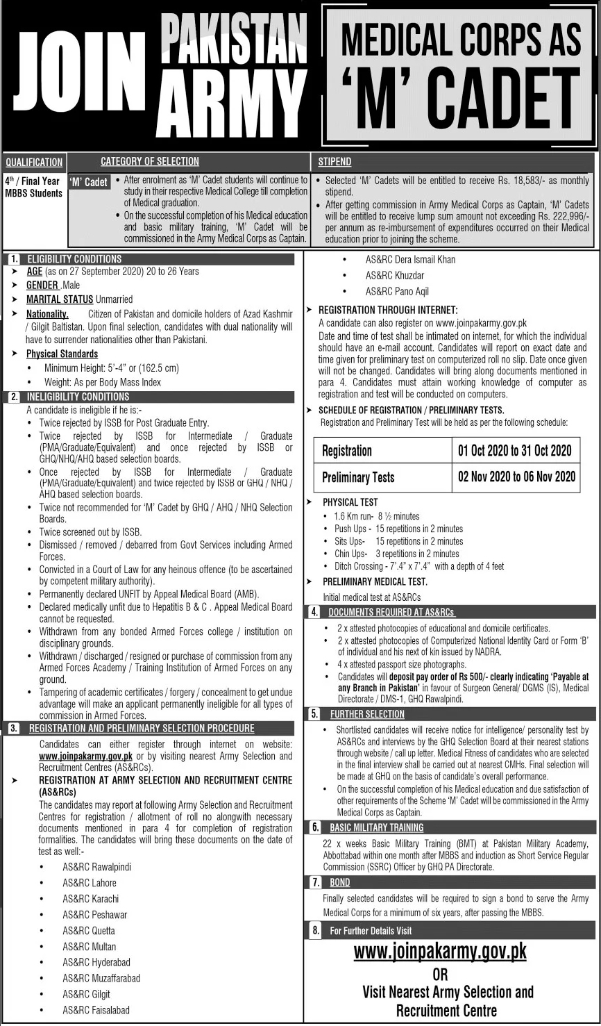 Join Pakistan Army Medical Corps As M Cadet 2024 Online Registration Advertisement