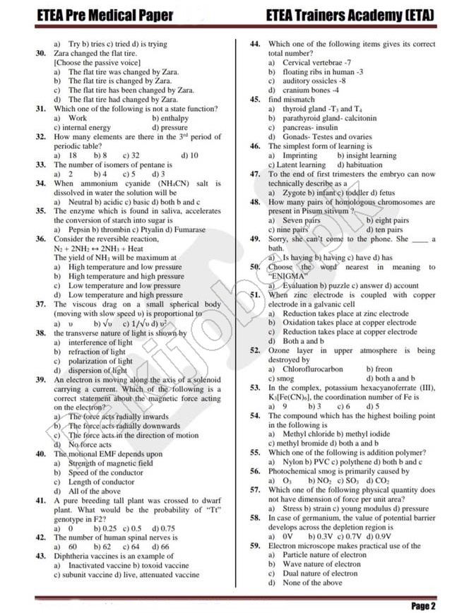 ETEA Medical Entry Test Paper Pattern