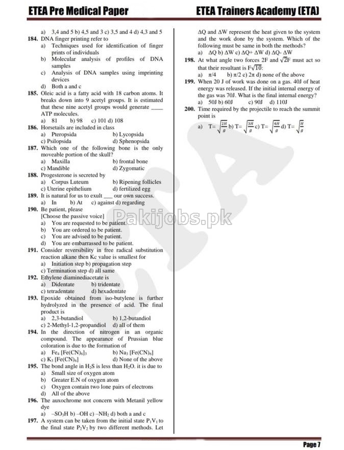 ETEA Medical Entry Test Syllabus PDF Format