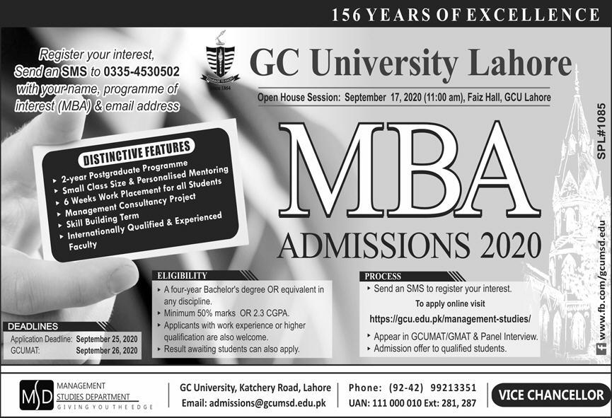 GC University Lahore MBA Admission 2023 Advertisement