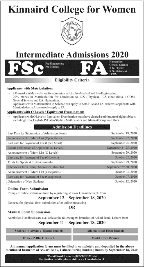 Kinnaird College Intermediate Admissions 2023 FSc, FA, ICS, ICOM Online Form Date