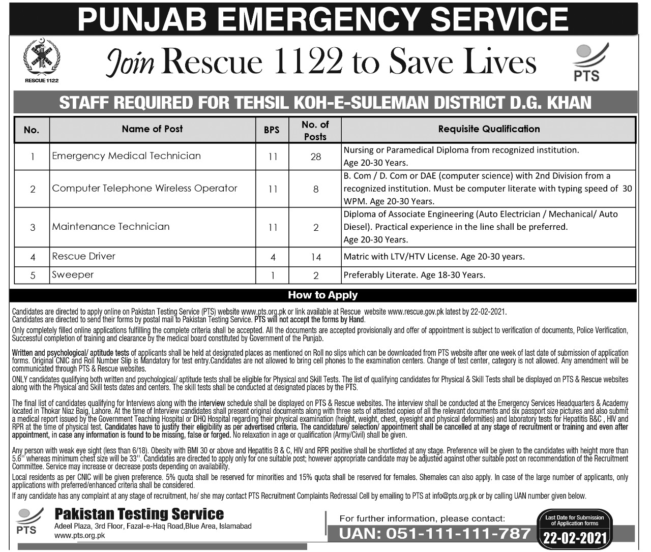 Rescue 1122 Punjab Jobs 2023 PTS Online Application Form Advertisement Download