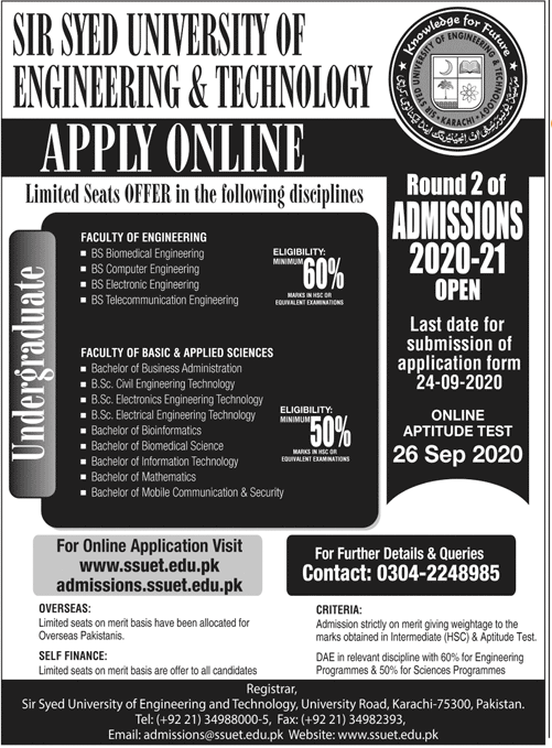 SSUET Admission 2023 Undergraduate Apply Online Form Last Date