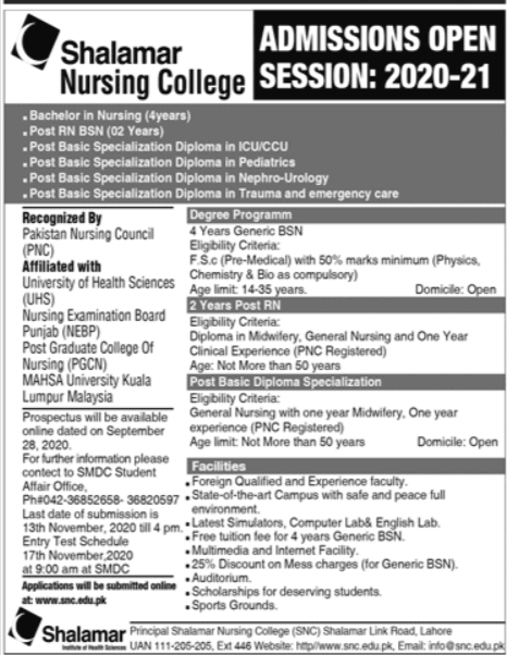 Shalamar Nursing College Lahore Admission 2023 Apply Online Form
