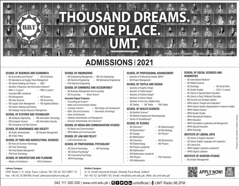 UMT Lahore Admission 2024 Undergraduate Last Date Application Form
