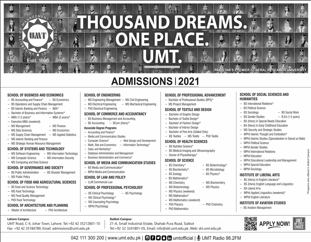 UMT Lahore Admission 2024 Undergraduate Last Date Application Form