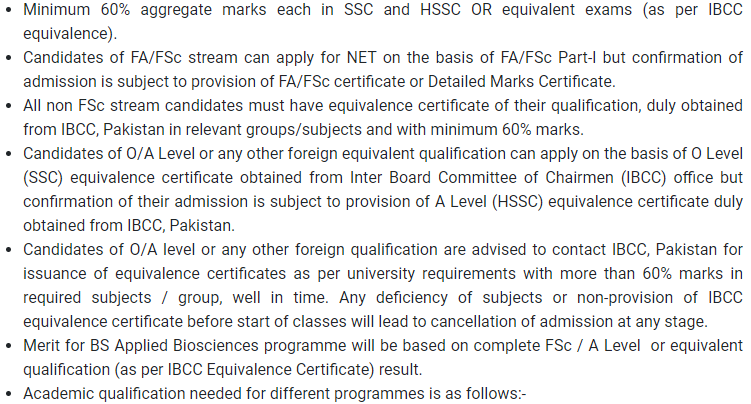 NUST undergraduate eligibility criteria for BSc admissions