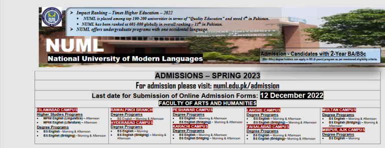 NUML Admission Spring 2023