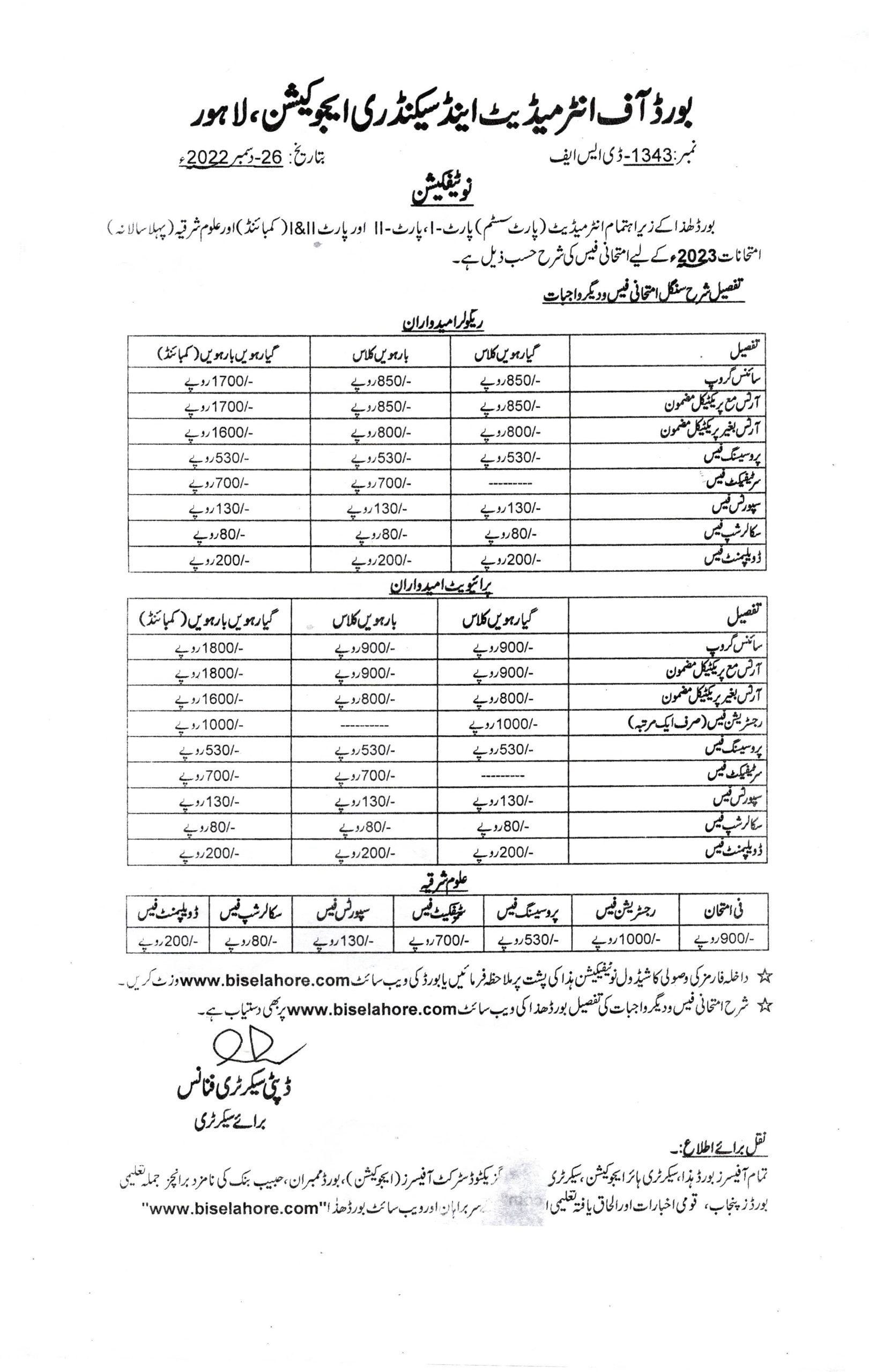 Lahore Board Inter Admission Form 2023 Last Date Schedule, Fees Structure