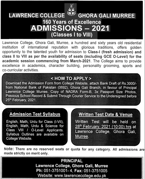 Lawrence College Ghora Gali Murree Admission 2024 Form Online Apply Last Date