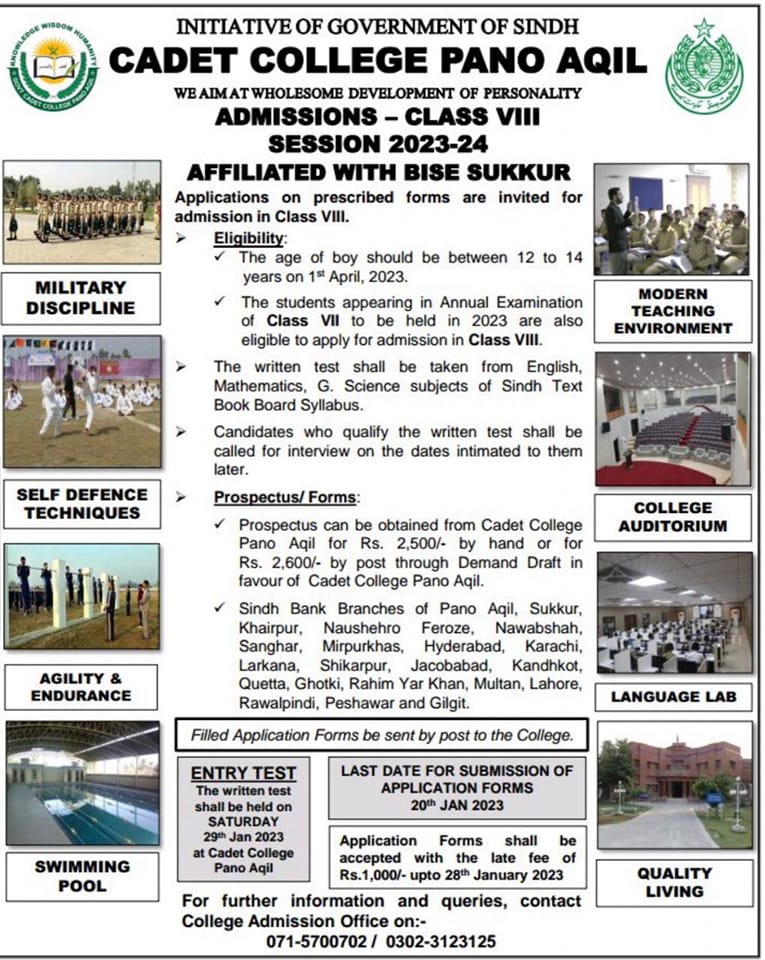 Cadet College Pano Aqil AdCadet College Pano Aqil Admission 2023 Form Download Last Date Advertisement