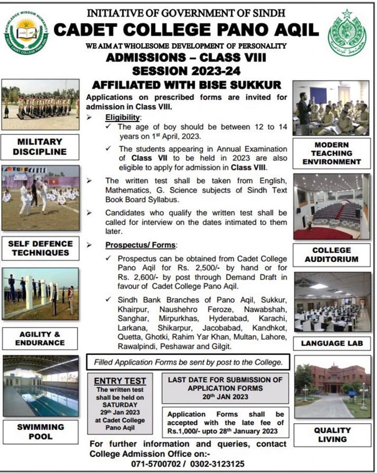 Cadet College Pano Aqil AdCadet College Pano Aqil Admission 2024 Form Download Last Date Advertisement