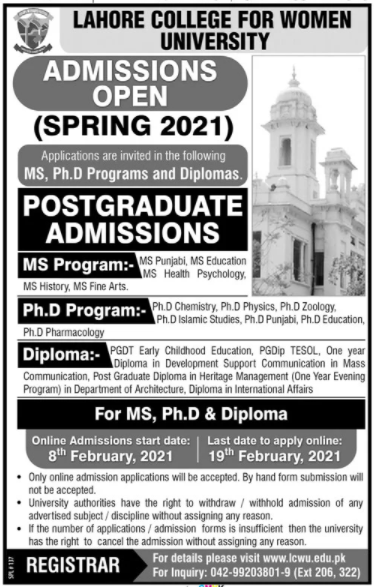 LCWU Postgraduate Admission 2024 Spring Online Form, Date Schedule, Fee