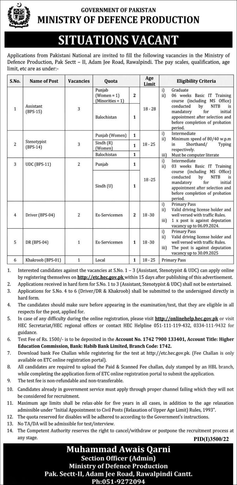 Ministry Of Defence Pakistan Jobs 2024, Online Apply, Last Date