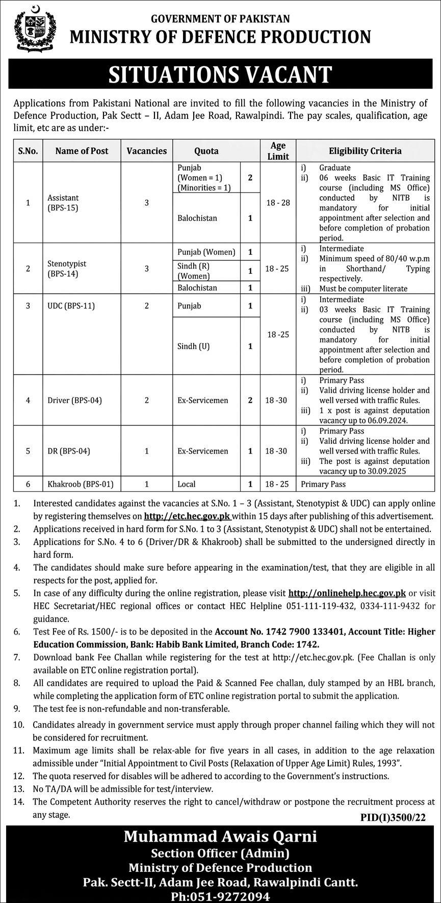 Ministry Of Defence Pakistan Jobs 2023, Online Apply, Last Date