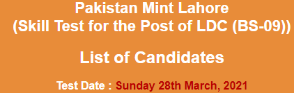 Pakistan Mint Lahore NTS Test Result 2024 28 March Answer Keys