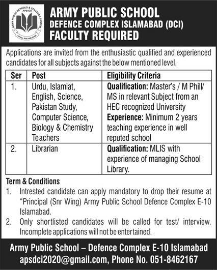 Army Public School APS Islamabad Jobs 2024