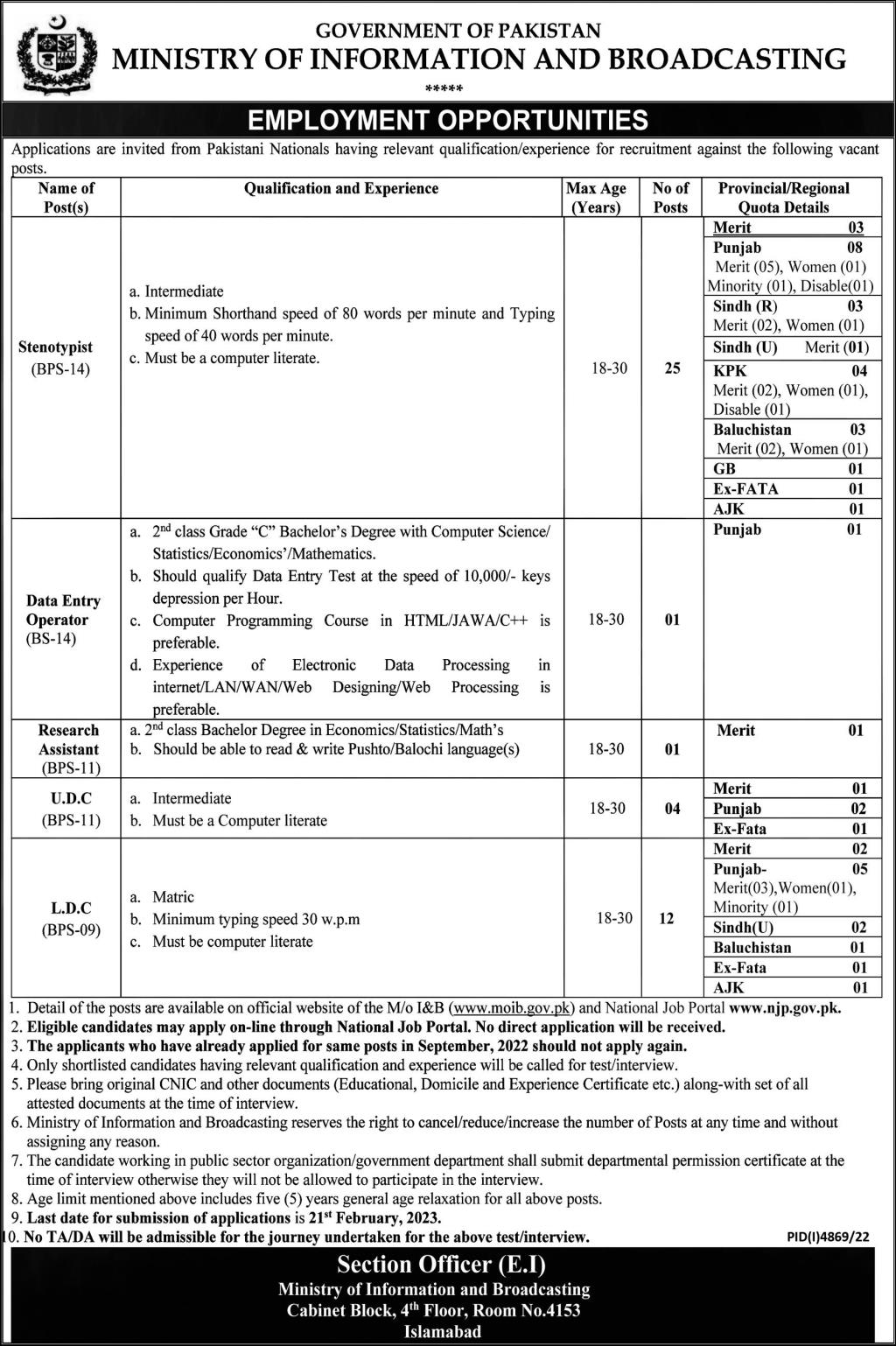 Ministry of Information and Broadcasting Jobs 2023 MOIB Application Form