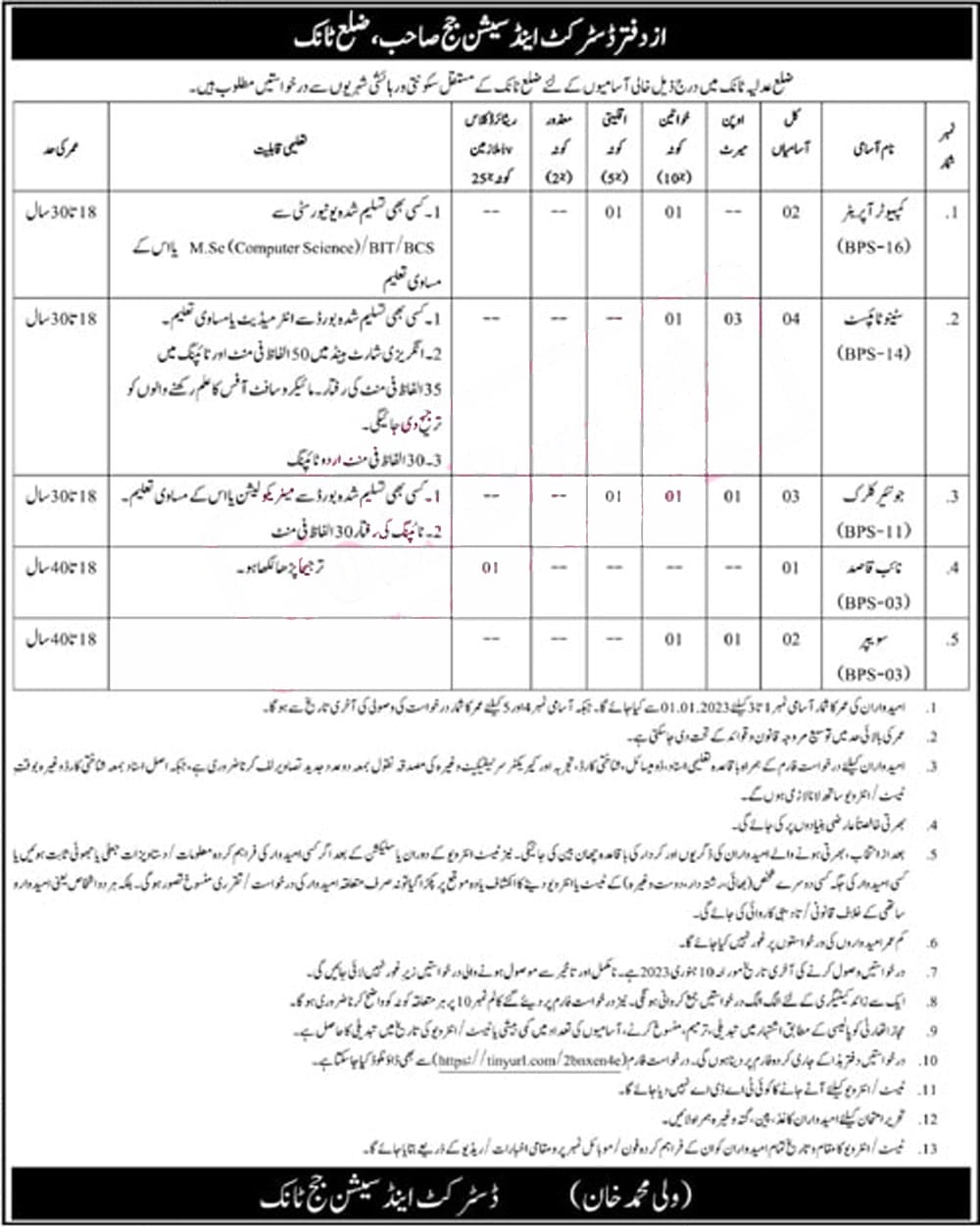 District and Session Courts Tank Jobs 2023 Advertisement