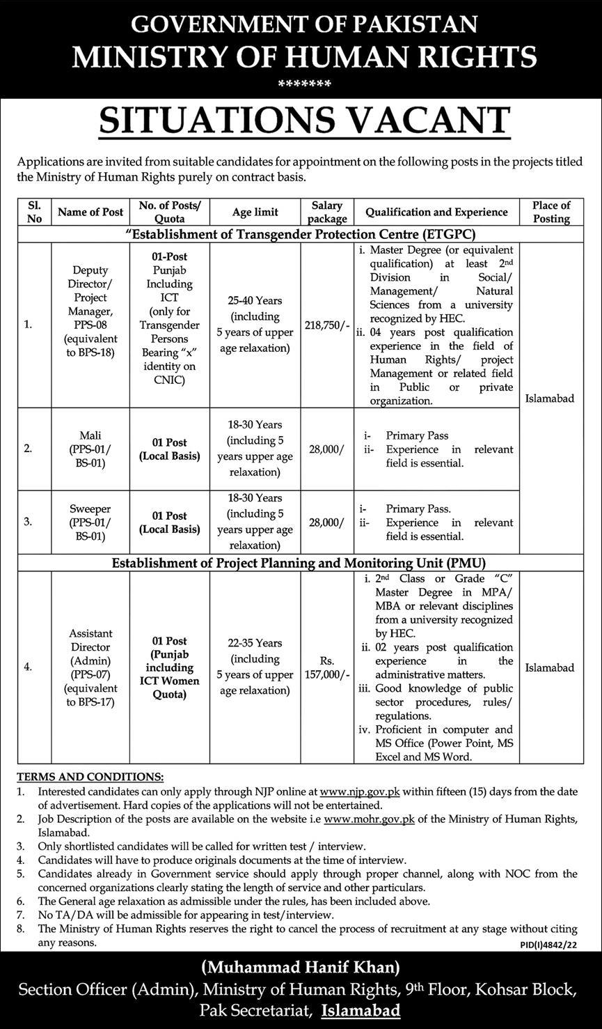 Ministry of Human Rights Jobs 2024 In Pakistan Application Form